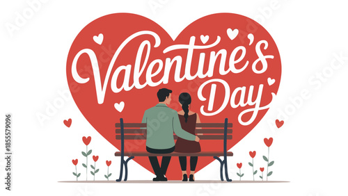 Valentine's Day Couple on Bench:  A couple sits embraced on a bench against a backdrop of a romantic Valentine's Day heart. This image symbolizes love, affection, and togetherness.