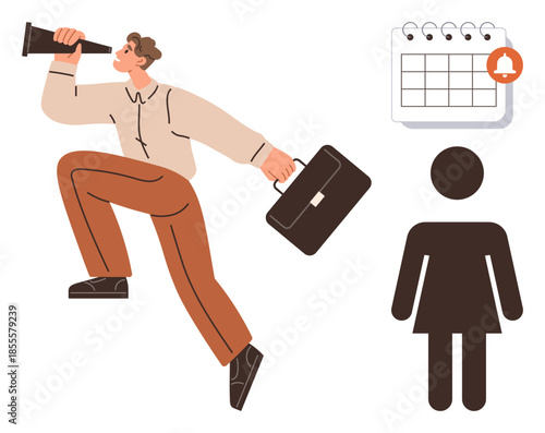 Worker actively seeking success while holding telescope and briefcase, paired with a calendar alert and female figure. Ideal for career vision, opportunity, planning, scheduling, time management