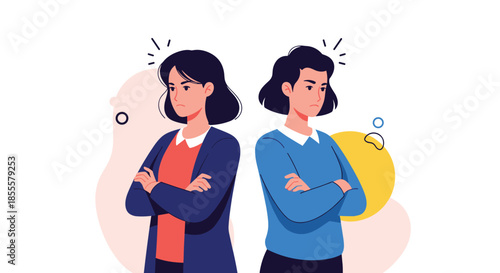 Two women stand back to back with crossed arms and angry expressions, symbolizing conflict, disagreement, or a breakdown in communication.