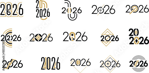  Modern geometric “2026” logo collection, abstract numeric typography emblem set, minimalist vector branding designs for graduation, anniversary, milestone year merch and print
