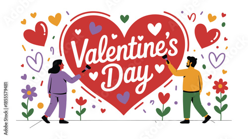 Heartfelt Valentine's Day: A vibrant illustration showcasing the spirit of Valentine's Day. Two figures are depicted, working together to create a symbol of love.