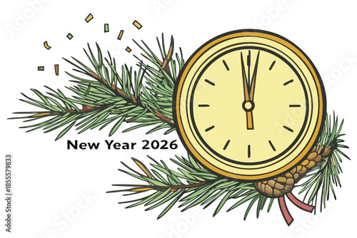 New year 2026 clock strikes midnight on white background with pine branches and confetti