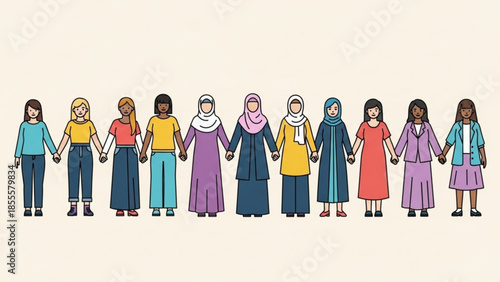 Diverse group of women holding hands representing unity and equality flat vector illustration for social causes and community concepts
