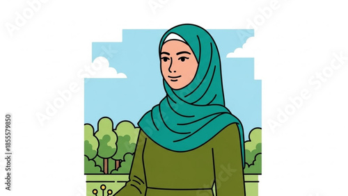 Young Muslim woman wearing a green hijab standing in a park with trees and sky representing modern Islamic culture and lifestyle