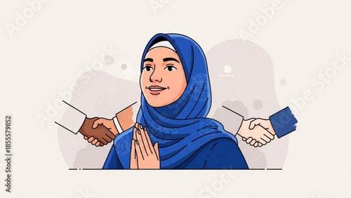 Muslim woman in hijab greeting with folded hands symbolizing welcome and partnership flat illustration for diversity and inclusion concepts