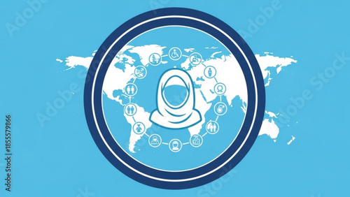 Muslim woman in hijab at center of global network of people icons representing diversity and connection on world map background