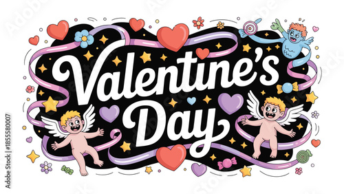 Valentine's Day Celebration Illustration: A whimsical illustration captures the essence of love, adorned with hearts, cherubic figures, and a festive atmosphere.