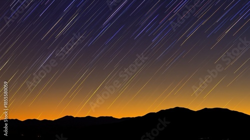 comet. Double-exposure night sky with intersecting vibrant meteor trails, representing celestial events. STEM education sheets.