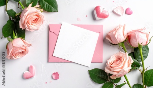 Wallpaper Mural Pink roses, envelope, blank card with heart decorations Torontodigital.ca