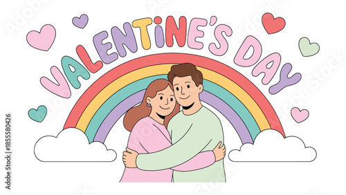 Affectionate Embrace on Valentine's Day: A couple cuddles tenderly, set against a cheerful backdrop of a rainbow and hearts, celebrating the joy of love and togetherness on Valentine's Day.