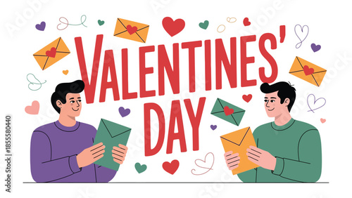 Valentine's Day: A depiction of two individuals exchanging Valentine's cards, surrounded by symbols of love such as hearts and envelopes, capturing the spirit of this romantic day.
