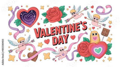 Love's Embrace: An Artistic Valentine's Day Composition with a play of hearts, cherubs, and roses, woven together to narrate a tale of love and affection.