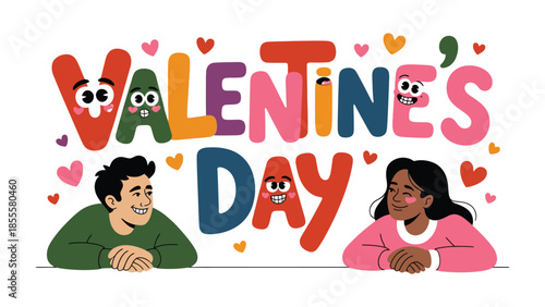 Valentine's Day Illustration: A vibrant and colorful illustration captures the essence of Valentine's Day, featuring smiling couple with hearts. 