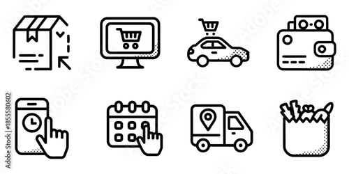 Set of Online shopping and delivery icons in black silhouette for ecommerce concept