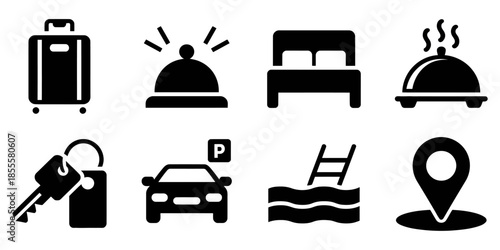 Hotel and travel service icon set in black silhouette for web design