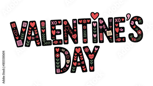 Valentine's Day Design: A decorative text art piece proclaiming Valentine's Day is adorned with charming symbols of love, including hearts, flowers, and romantic embellishments.