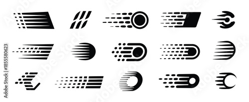 Set of speed lines vector icons, fast motion effect with black horizontal action lines, high ranking design for comic elements, superhero graphics, and dynamic action illustrations.