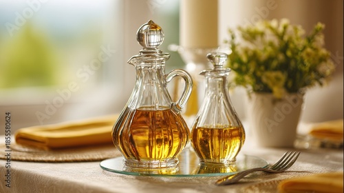 cruet. Glass cruet with olive oil and vinegar on a dining table. menu design, packaging mockups, recipe cards, designed for food delivery and cloud-kitchen brand materials, used by PR specialists.