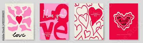 Creative concept of Happy Valentines Day cards set. Modern abstract art design with hearts shapes and typography design. 