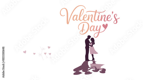 Romantic Embrace on Valentine's Day: A loving couple in silhouette share a tender moment, intertwined against a backdrop of delicate hearts, signifying love.