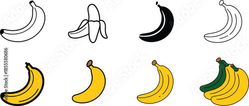 Assorted Banana Illustrations and Icons in Black, White, and Yellow fruit food