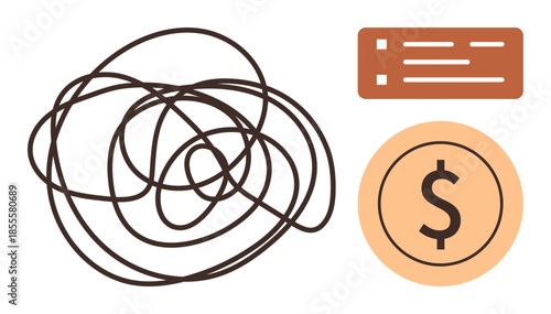 Tangled scribble near check and dollar icons symbolizing financial confusion and resolution. Ideal for money management, finance issues, problem-solving, budgeting, accounting, financial strategy