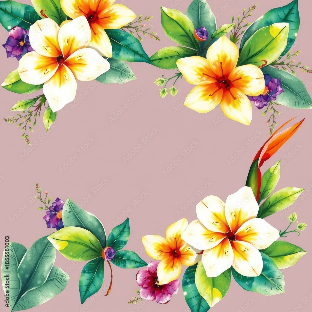 Obraz premium Beautiful spring floral frame design featuring pink and yellow blossoms with green leaves as a decorative vector border element on a white background for a nature-inspired art illustration