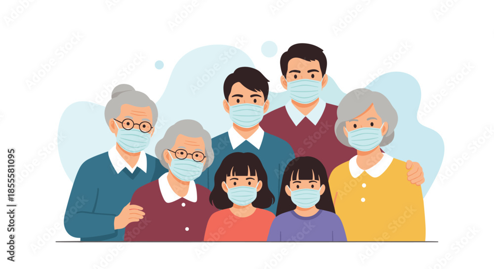 Fototapeta premium A multi-generational family portrait featuring grandparents, parents, and children, all wearing blue protective face masks.
