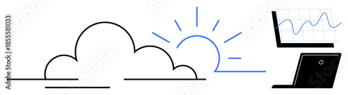 Technology, data analysis, cloud storage, business solutions, innovation, software management. A cloud, sunrise laptop and graph analytics. Cloud storage and data analysis concepts