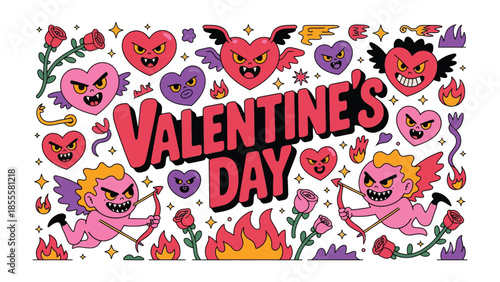 Valentine's Day Doodle: A cheerful doodle illustration to celebrate the joyous occasion, featuring a medley of hearts, cupids, flames, and roses, exuding the spirit of love and affection.