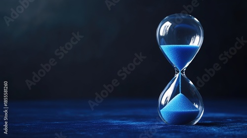patience. An hourglass with flowing sand on blue velvet, representing the passage of time. wellbeing guides, coaching materials, designed for coaching and self-improvement content.