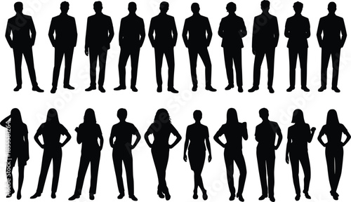 Collection of Male and Female Business Person Silhouettes Standing Against White Background people woman