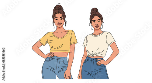 Two young women with similar features and hairstyles, dressed in casual crop tops and jeans, posing confidently with hands on hips.