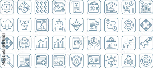 A comprehensive collection of thin line icons representing modern digital business concepts artificial intelligence and various financial technology elements for user interface design