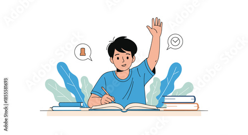 A cheerful young student actively participates in class, writing notes and raising his hand to answer a question.