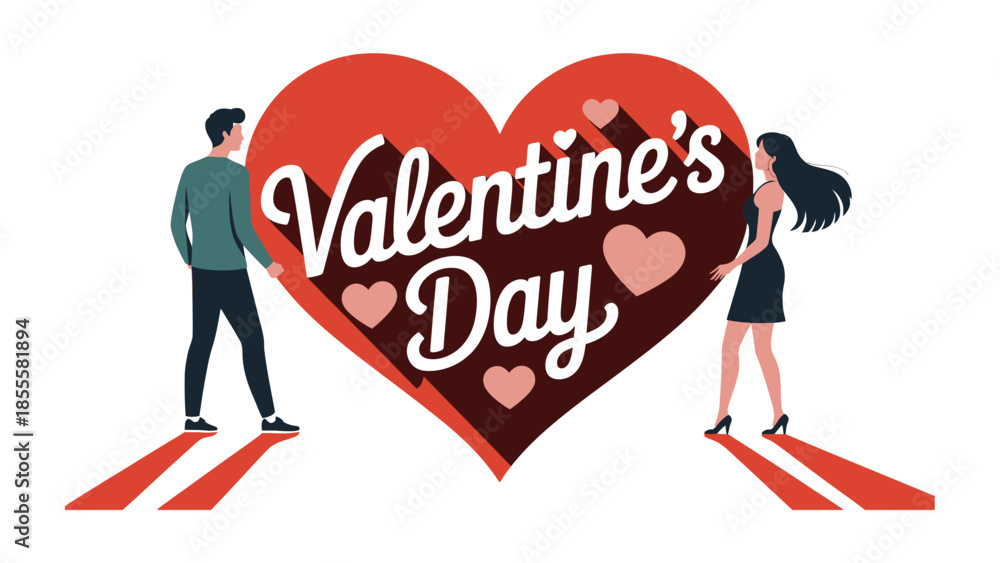 Fototapeta premium Valentine's Day Love & Romance: A couple stands on opposite paths towards a shared heart symbol representing love, and the spirit of Valentine's Day. Illustrating connections.
