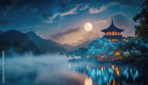fantasy illustration of night landscape with Asian Pagoda under glowing full moon with copy space