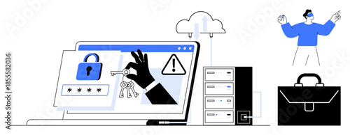 Cybersecurity, online protection, hacking prevention, data safety, cloud computing, secure access. A displayed laptop shows a hacking alert and digital lock. Cybersecurity and online protection