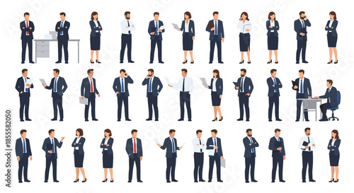 A diverse collection of professional business men and women in various poses, depicting corporate life and office roles.