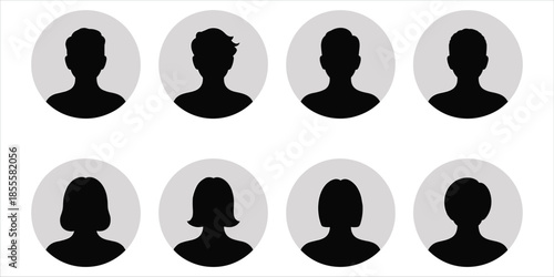 Set of Eight Circular Profile Avatar Icons with Silhouettes Keywords: avatar, profile, icon, silhouette, user, person, man