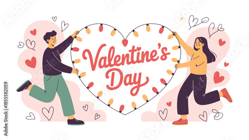 Valentine's Day Couple in Love: A vibrant illustration captures the essence of Valentine's Day, showcasing a couple holding a heart-shaped sign, with the words Valentine's Day inscribed.