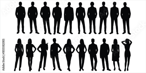 Silhouettes of a group of men and women in business attire standing in rows people