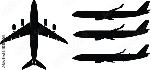 Silhouettes of Four Airplanes from Top and Side Views Keywords: airplane, aircraft, plane, jet, aviation, flight, transportation