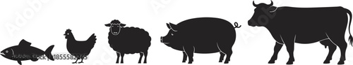 Silhouettes of Farm Animals and Fish on White Background Keywords: farm, animal, agriculture, livestock, pet, domestic, wild