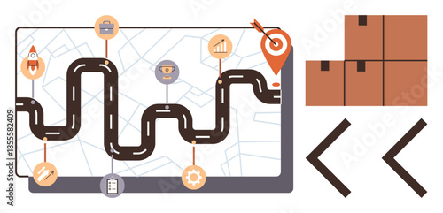 Road winding across tablet screen marked with checkpoints thumbs up rocket, gear, trophy. Red arrow points destination. Cardboard boxes near. Ideal for delivery, logistics, planning, success