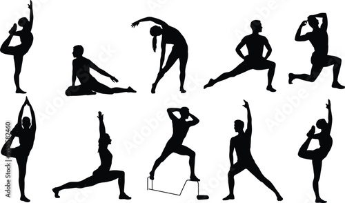Silhouettes Of People Performing Various Yoga And Stretching Exercises fitness