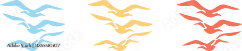 Three Groups of Stylized Flying Seagull Silhouettes in Blue Yellow Red bird