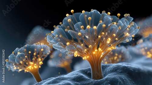 Illuminated Microscopic Flowers: Intricate macro-level digital rendering showing glowing microscopic flower-like structures, a visual representation of biological intricacies.