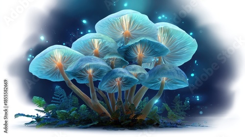 Luminescent Fungi: Captivating image showcases a cluster of luminous mushrooms, their ethereal glow painting an enchanting scene within the depths of a fantastical, fairy-tale forest.