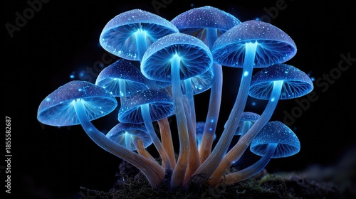 Luminous Mushrooms in the Dark: A cluster of glowing mushrooms in a mystical forest, each cap and stem radiating an ethereal, electric blue light, set against a dark background.